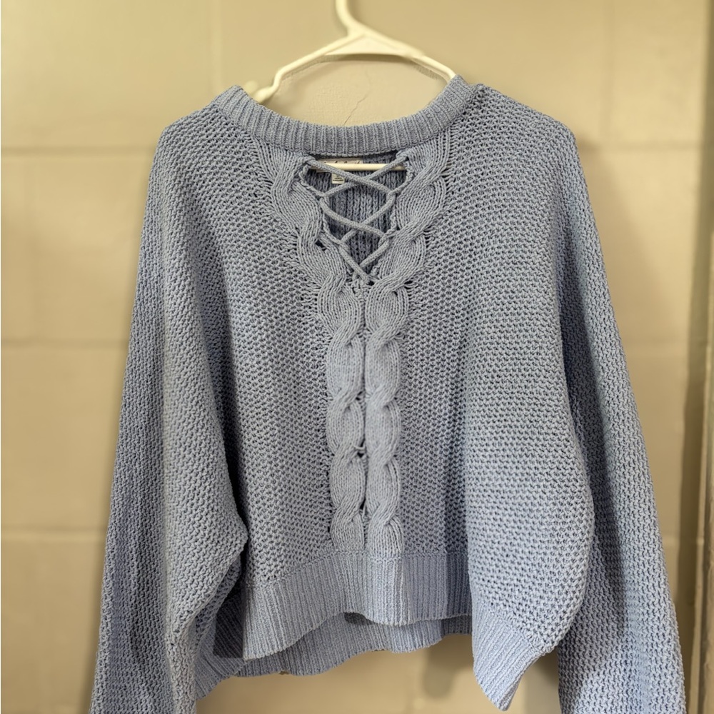 Derek Heart Blue Crew Neck Sweater with Lace-Up Detail